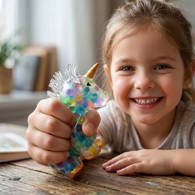 Balle anti stress licorne transparente avec des perles